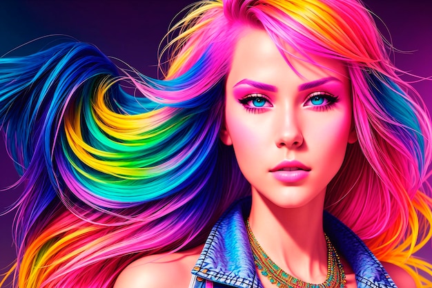 Portret pięknej młodej kobiety z kolorowymi włosami Moda piękności Generatywna sztuczna inteligencja