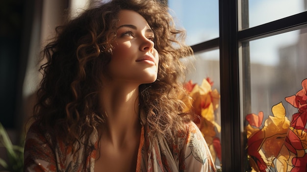 Portret pięknej młodej kobiety z kręconymi włosami patrzącej przez okno