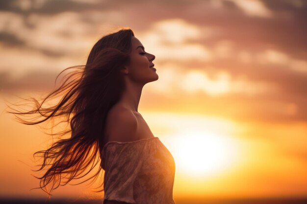 Portret pięknej młodej kobiety z latającymi włosami przy zachodzie słońca