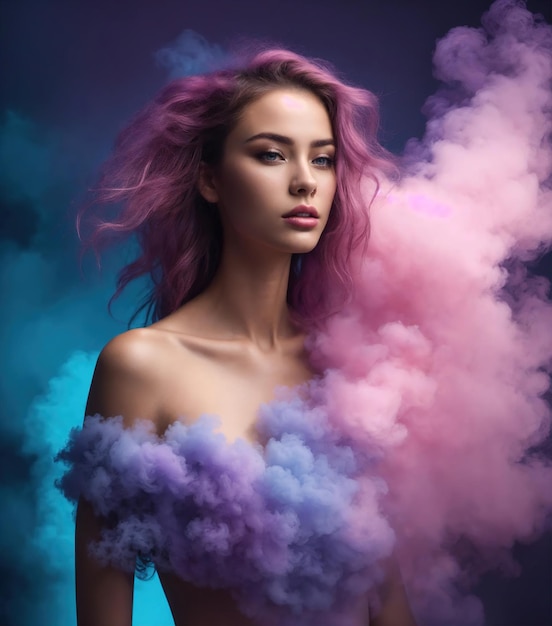 Portret pięknej młodej kobiety z różowymi włosami i chmurami dymu