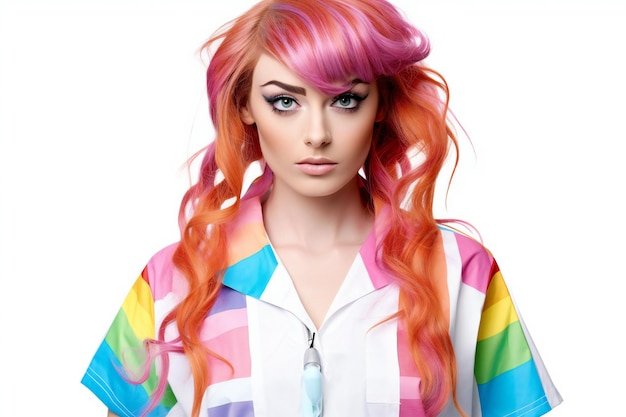 Portret pięknej młodej kobiety z różowymi włosami i kolorowym makijażem