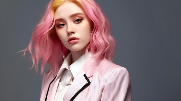 Portret pięknej młodej kobiety z różowymi włosami na szarym tle