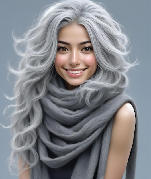 Portret pięknej młodej kobiety z siwymi włosami i szarym szalikem