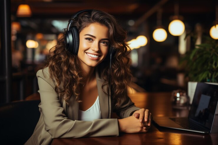 Zdjęcie portret pięknej młodej kobiety z słuchawkami rozmawiającej w mikrofonie na stacji radiowej