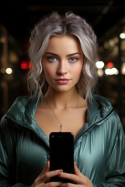 Portret pięknej młodej kobiety z telefonem komórkowym w mieście w nocy