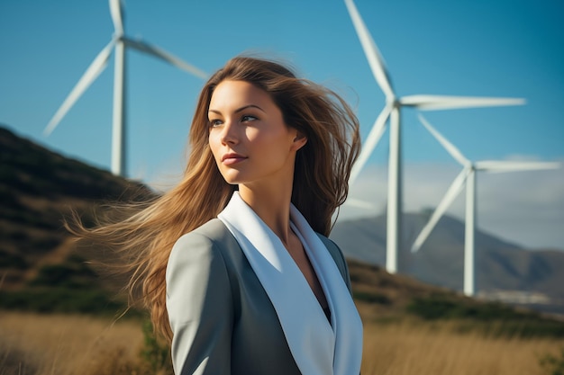 Portret pięknej młodej kobiety z turbinami wiatrowymi w tle