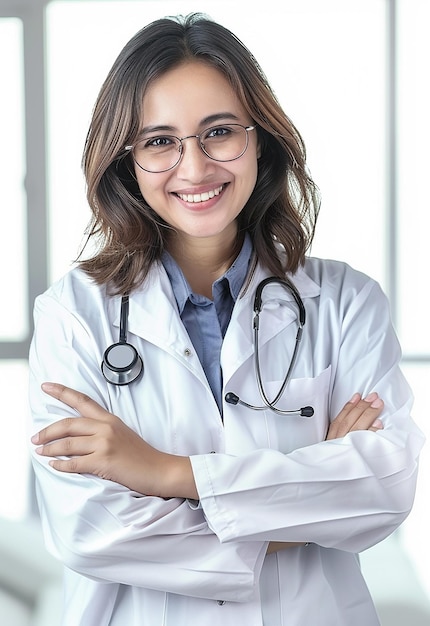 Portret pięknej młodej lekarki patrzącej w kamerę