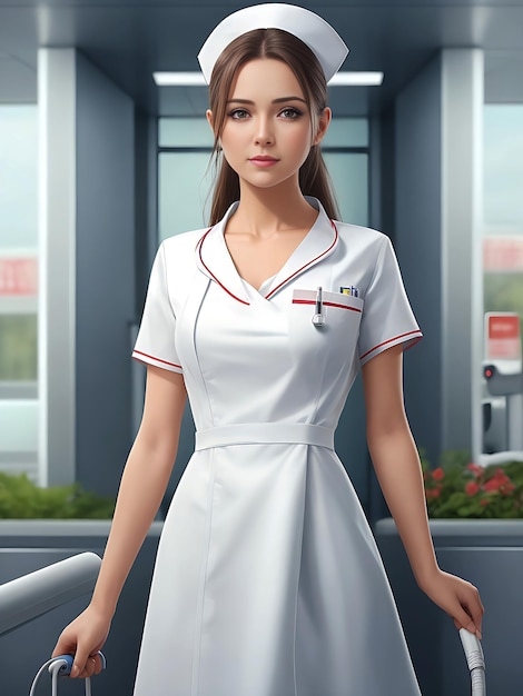 Portret pięknej młodej lekarki stojącej na korytarzu szpitala