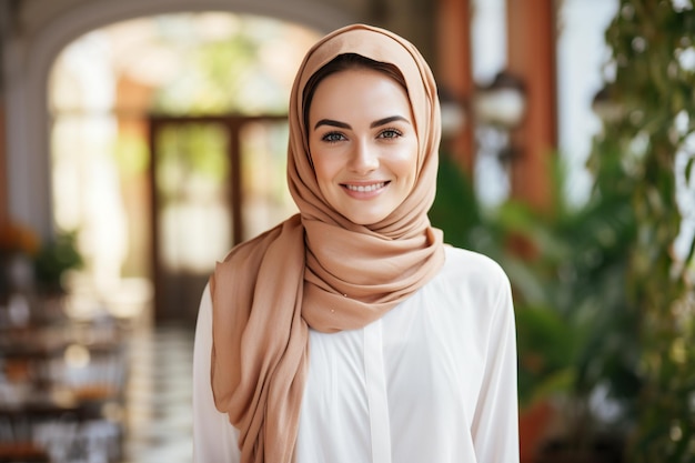 Portret pięknej młodej muzułmańskiej kobiety noszącej hidżab uśmiechającej się do kamery