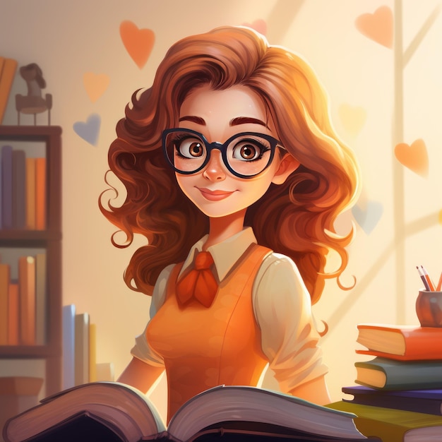 Portret pięknej młodej nauczycielki w okularach z książkami