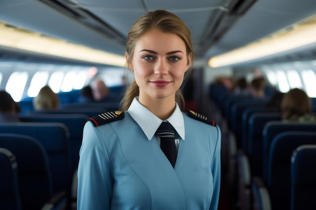 Portret Pięknej Młodej Stewardessy W Niebieskim Mundurze Na Komercyjnym Samolocie