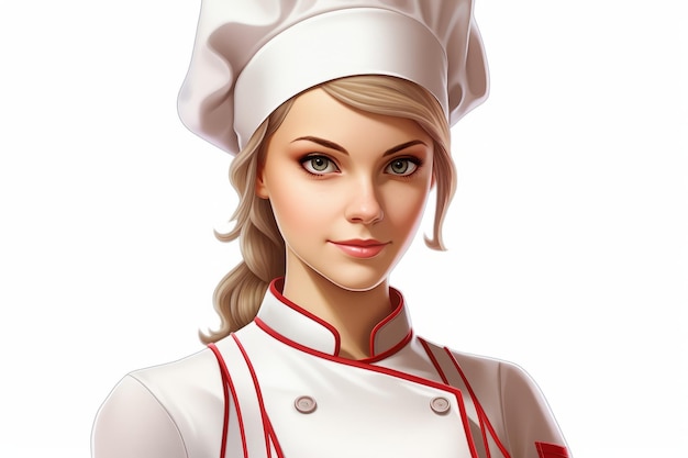 Portret pięknej młodej szefowej kuchni z blond włosami i zielonymi oczami noszącej biały kapelusz szefa kuchni i czerwony i biały płaszcz szefa