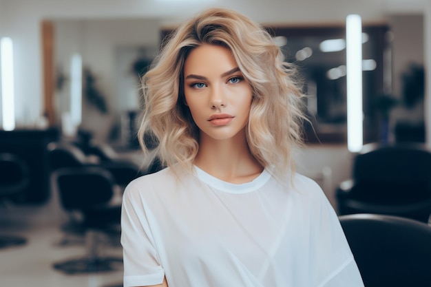 Portret pięknej modelki blondynki w salonie fryzjerskim. Autor: Ai