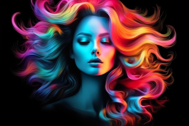 Portret pięknej modelki z wielobarwnymi falowanymi włosami profesjonalny szkic wykonany kolorem