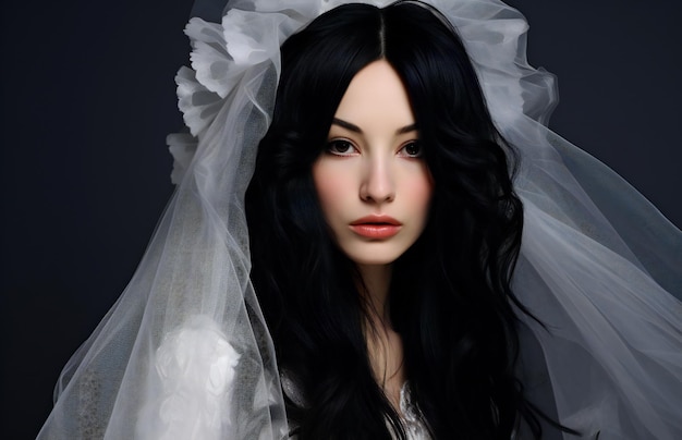 Portret pięknej panny młodej w białym welonie na ciemnym tle