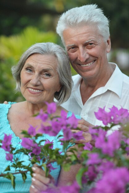 Portret pięknej pary seniorów na świeżym powietrzu w letnim parku