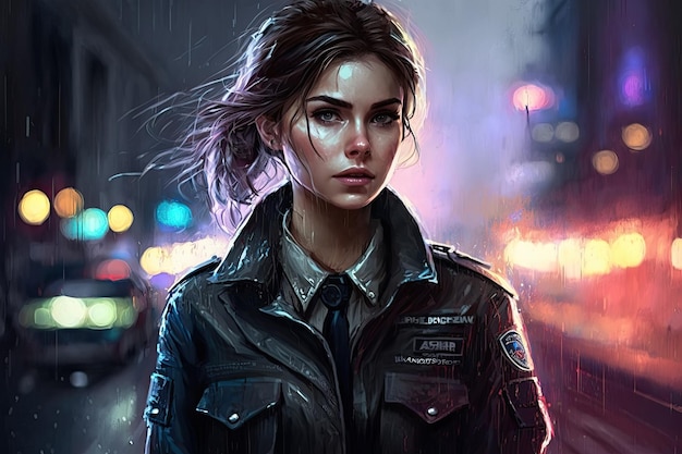 Portret pięknej policjantki na ulicy w deszczu w nocy Generacyjna sztuczna inteligencja