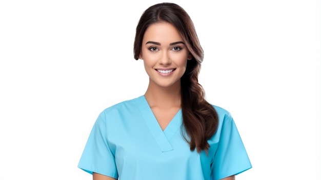 Portret pięknej, przystojnej młodej pielęgniarki uśmiechającej się na białym tle