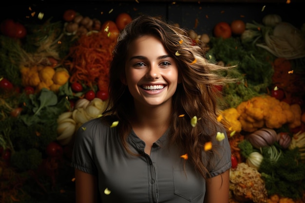 Portret pięknej radosnej kobiety otoczonej świeżymi soczystymi warzywami