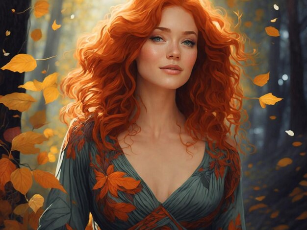 Portret pięknej rudowłosej dziewczyny w jesiennym lesie Generatywna AI