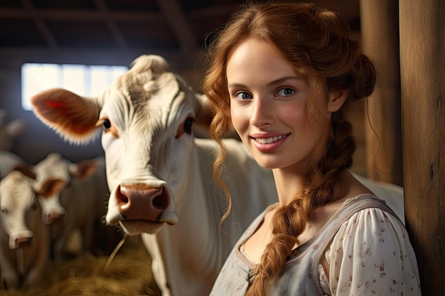 Zdjęcie portret pięknej rudowłosej kobiecej mleczarki w stodole otoczonej krówami