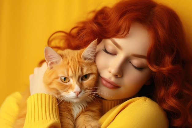 Portret pięknej rudowłosej młodej kobiety i uroczego pomarańczowego kota odizolowanego na żółtym tle