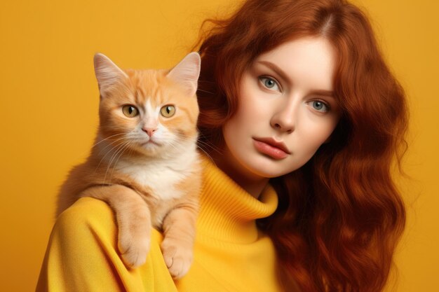 Portret pięknej rudowłosej młodej kobiety i uroczego pomarańczowego kota odizolowanego na żółtym tle
