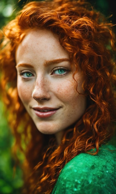 Portret pięknej rudych włosów dziewczyny z piegi na twarzy ai generatywny