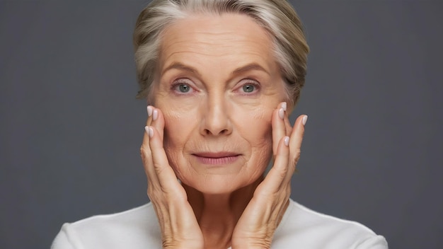 Zdjęcie portret pięknej starszej kobiety dotykającej swojej doskonałej skóry i patrzącej na kamerę