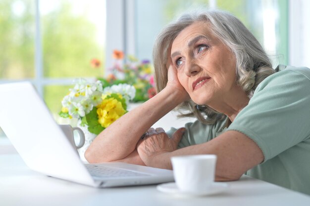 Portret pięknej starszej kobiety za pomocą laptopa