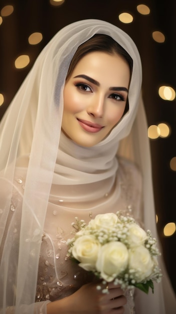 Zdjęcie portret pięknej, szczęśliwej arabskiej panny młodej.