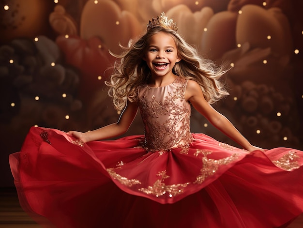 Portret pięknej szczęśliwej Chinld w sukience księżniczki tańczy