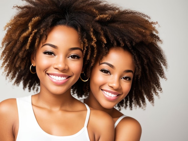 Portret pięknej, wesołej Afroamerykanki z latającymi kręconymi włosami, uśmiechając się, śmiejąc się na białym tle