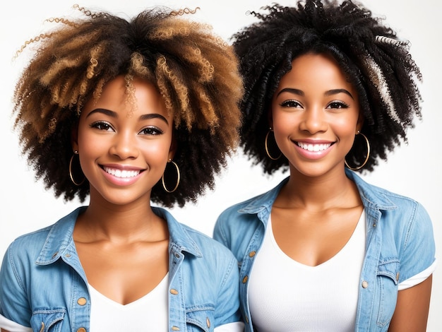 Portret pięknej, wesołej Afroamerykanki z latającymi kręconymi włosami, uśmiechającej się śmiejąc się na białym tle