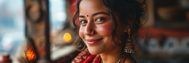 Zdjęcie portret pięknych indyjskich szczęśliwych kobiet noszących obraz tła