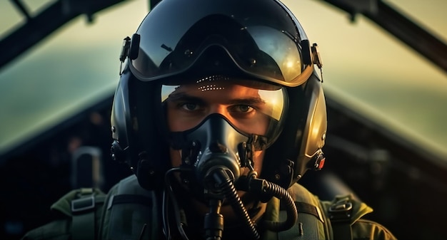 Zdjęcie portret pilota myśliwca w hełmie w kokpicie