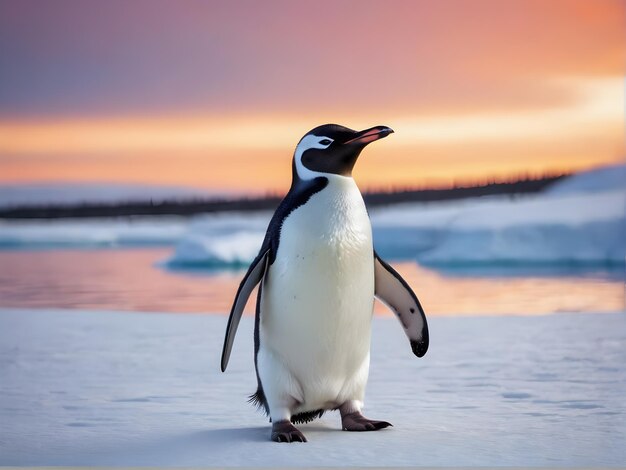 Portret pingwina Wesoły szczęśliwy w śnieżnym krajobrazie Zabawne szczęśliwe zwierzę Generatywne Ai