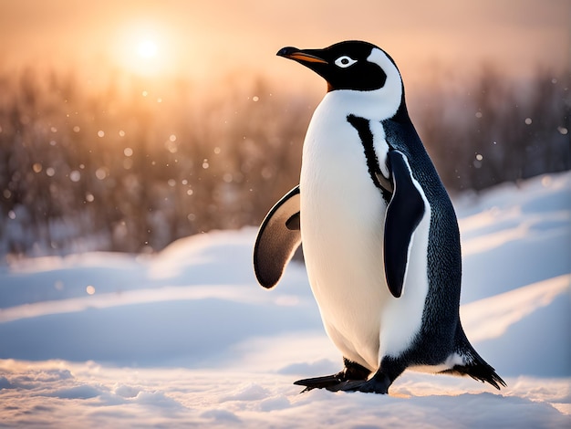 Portret pingwina Wesoły szczęśliwy w śnieżnym krajobrazie Zabawne szczęśliwe zwierzę Generatywne Ai
