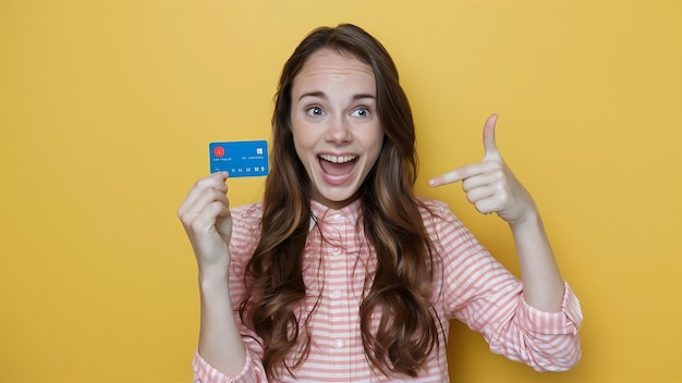 Portret podekscytowanej dziewczyny wskazującej palcem na kartę kredytową