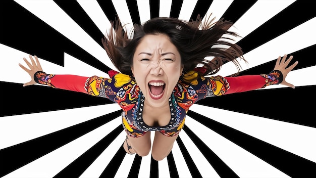 Portret podekscytowanej, krzyczącej azjatyckiej kobiety izolowanej nad białą ścianą.