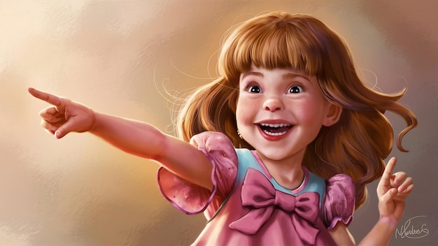 Portret podekscytowanej ładnej dziewczyny wskazującej palcem