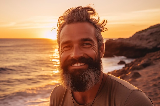 Portret podróżnika idącego w świetle słońca na brzegu z oceanem i zachodem słońca w tle Szczęśliwi mężczyźni uśmiechają się i cieszą się przyrodą morze na świeżym powietrzu aktywność rekreacyjna w miejscu podróży sam