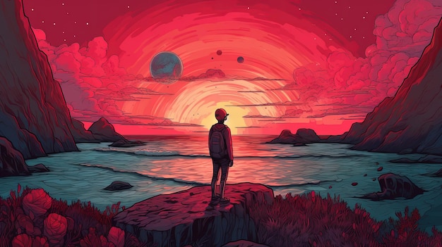 Portret podróżnika podziwiającego piękno zachodu słońca nad oceanem Koncepcja fantasy Obraz ilustracyjny Generative AI