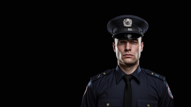 Portret policjanta w mundurze Znajduje się on po lewej stronie kadru. Ciemne tło z odstępami