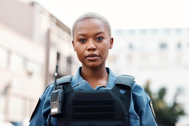 Portret policji lub czarnej kobiety w mieście w celu ochrony społeczności organów ścigania lub prawnego bezpieczeństwa na ulicy Przełożony policjanta lub poważna ochroniarz na patrolu w mieście miejskim w celu popełnienia przestępstwa lub sprawiedliwości