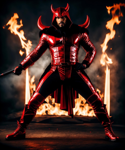 Portret potężnego diabła w czerwonym garniturze na tle ognia