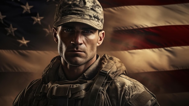 Portret poważnego dorosłego żołnierza na tle amerykańskiej flagi patriota w mundurze wojskowym patrzącego w kamerę Patriot i koncepcja Dnia Pamięci