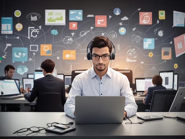 Portret poważnego młodego biznesmena z brodą pracującego z laptopem przy biurowym stole z rysunkiem planu biznesowego narysowanym za nim
