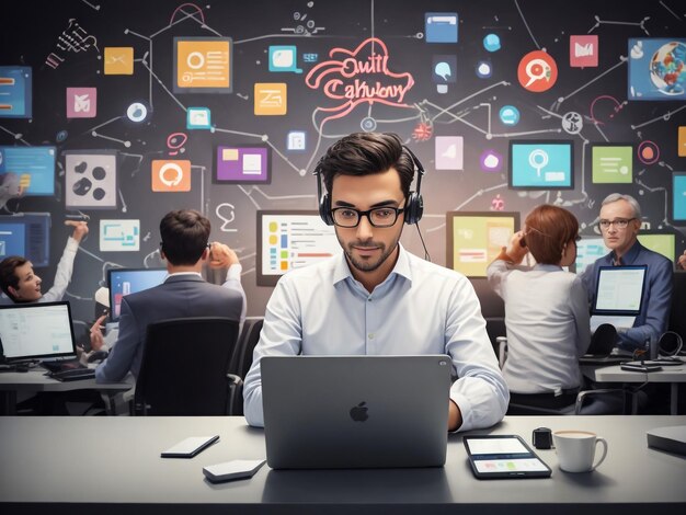 Portret poważnego młodego biznesmena z brodą pracującego z laptopem przy biurowym stole z rysunkiem planu biznesowego narysowanym za nim