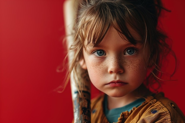 Portret poważnej niebieskiej dziewczynki z czerwonymi oczami z bejsbolowym kijem na czerwonym tle